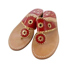 Jack Rogers Jacks Leather Flat Thong Sandal Red with Gold Size 8